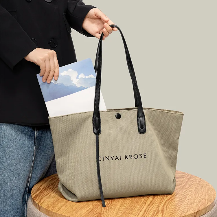 Simvay Clos Nylon Fabric With Microfiber Handbag Tote Bag Shoulder Bag Large Size Women's Khaki/Ecru/Black-2