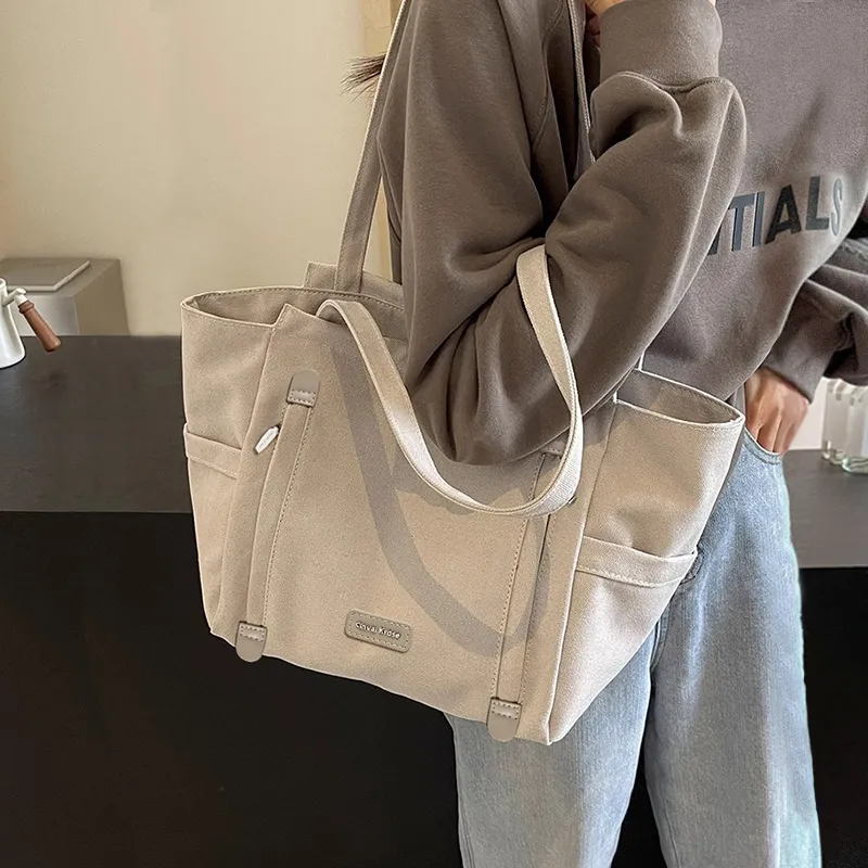 CinvaiKrose Fabric, Synthetic Leather Tote Bag, Shoulder Bag Tubas Women's Beige Apricot/Black-2