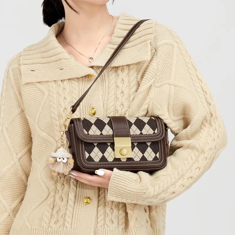 Simvay Clos Fabric Blend Microfiber Shoulder Bag Small Size Women's Diamond Pattern Brown/Diamond Pattern Black/Black-3
