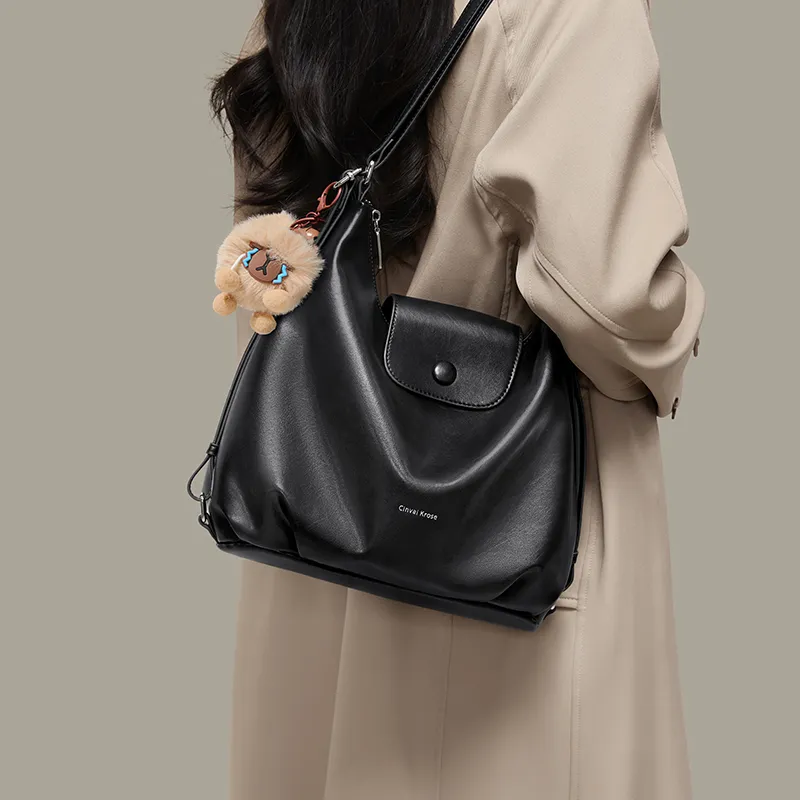 CinvaiKrose Synthetic Leather Shoulder Bag, Handbag, Tote Bag, Backpack Medium Size Women's Black/Coffee/Ecru-3