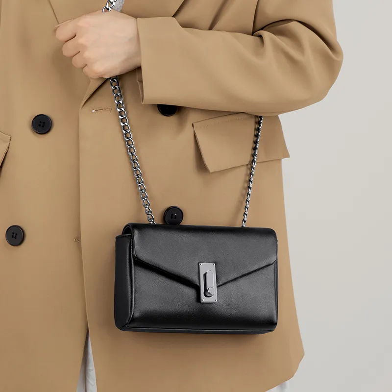 Simvay Clos Cow Leather Shoulder Bag Crossbody Bag Small Square Bag Shoulder Bag Small Size Women's Black/Ecru-6