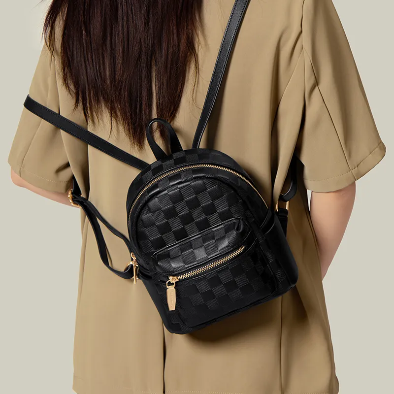 CinvaiKrose Cow Leather Patchwork Synthetic Leather Travel Backpack Medium Size Women's Black/Ecru-4