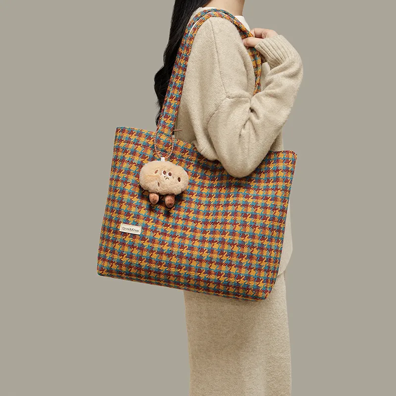 Simvay Clos Fabric Handheld Tote Bag Shopping Bag Shoulder Bag Large Size Women's Houndstooth Yellow-1