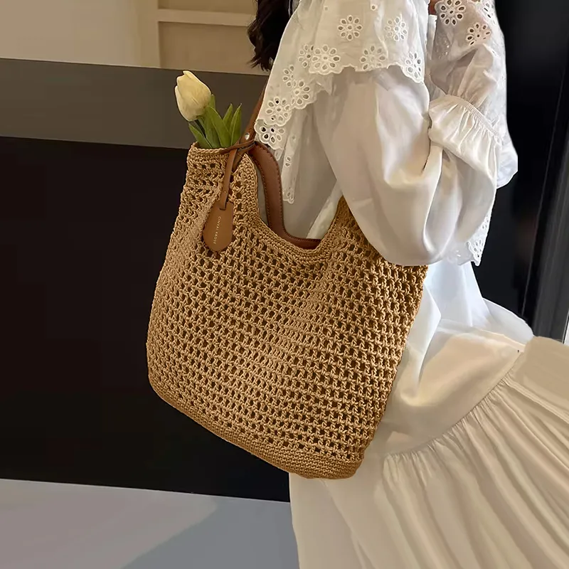 CinvaiKrose Yarn One Shoulder Tote Shopping Bag Portable Large Bag Large Size Women's Khaki-1