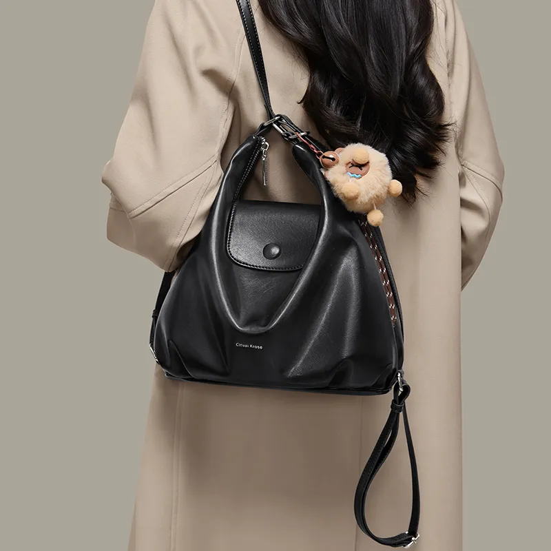 CinvaiKrose Synthetic Leather Shoulder Bag, Handbag, Tote Bag, Backpack Medium Size Women's Black/Coffee/Ecru-4