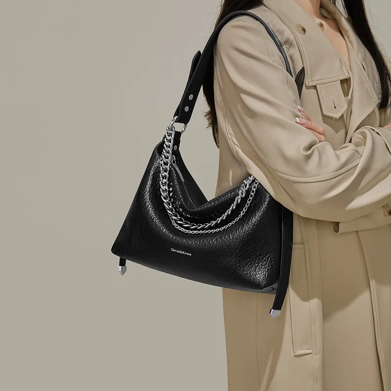 Simvay Clos Cow Leather With Synthetic Leather Shoulder Bag Crossbody Bag Small Size Women's Black/Gray White-3