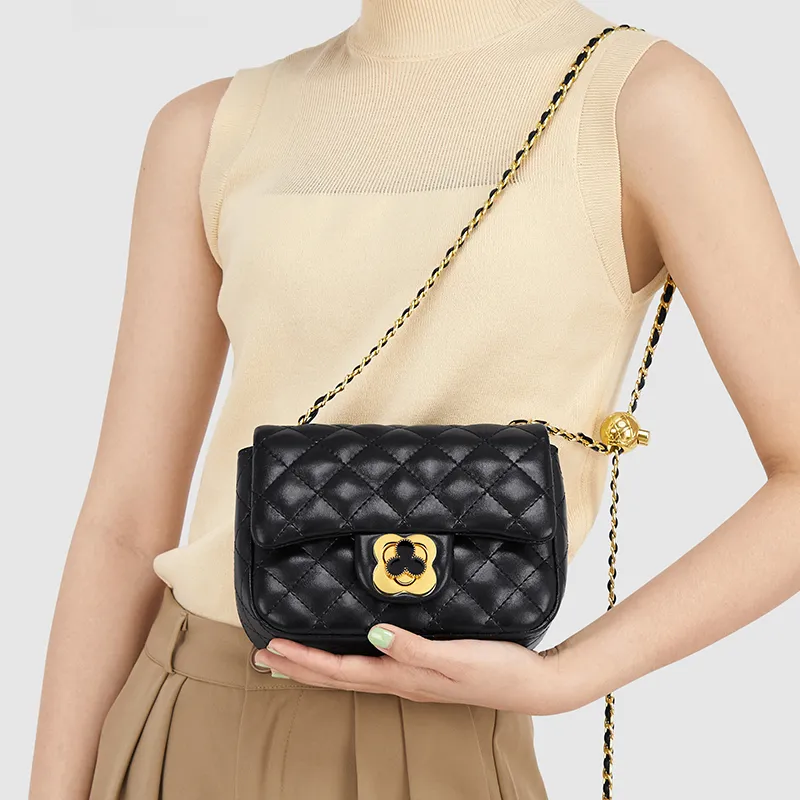 CinvaiKrose Microfiber With Cow Leather Shoulder Bag Crossbody Bag Small Size Women's Diamond Pattern Black-3