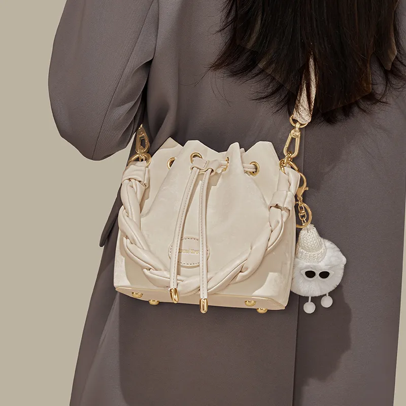 CinvaiKrose PU With Synthetic Leather Bucket Bags One Shoulder Handbags Small Size Women's Cream White/Pink/Black-1