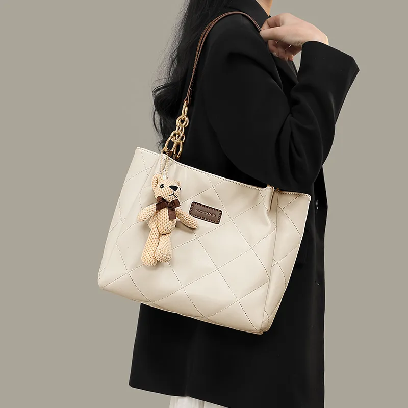 Simvay Clos Synthetic Leather One Shoulder Tote Portable Tote Shopping Bag Large Size Women's Black/Ecru-9