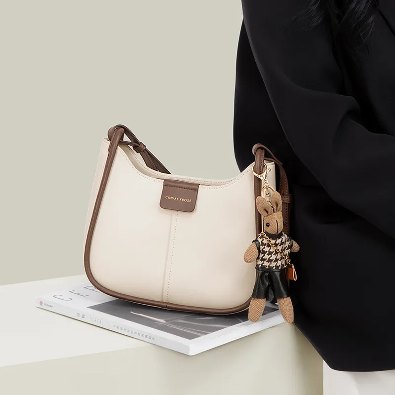 Simvay Clos Cow Leather With Synthetic Leather Bucket Bags Shoulder Bags Medium Size Women's Ecru/Coffee-4