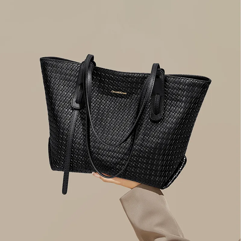 Simvay Clos PVC With Synthetic Leather Tote Bag Shopping Bag Shoulder Bag Large Size Women's Black/Ecru & Brown-4