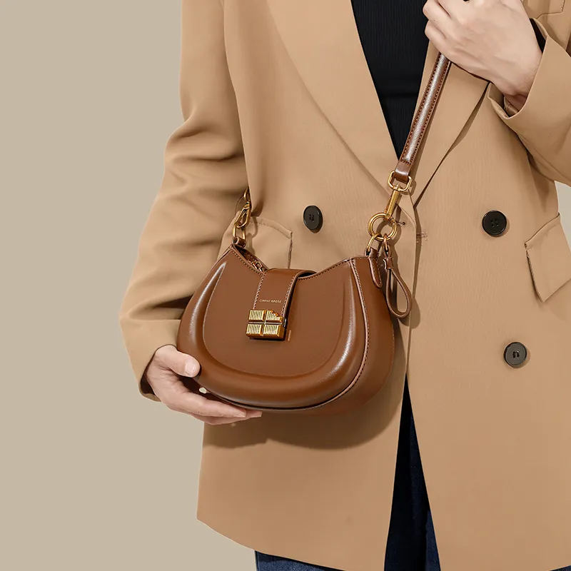 Simvay Clos PU Saddle Bag Shoulder Bag Crossbody Bag Handbag Small Size Women's Ecru/Brown/Black-14