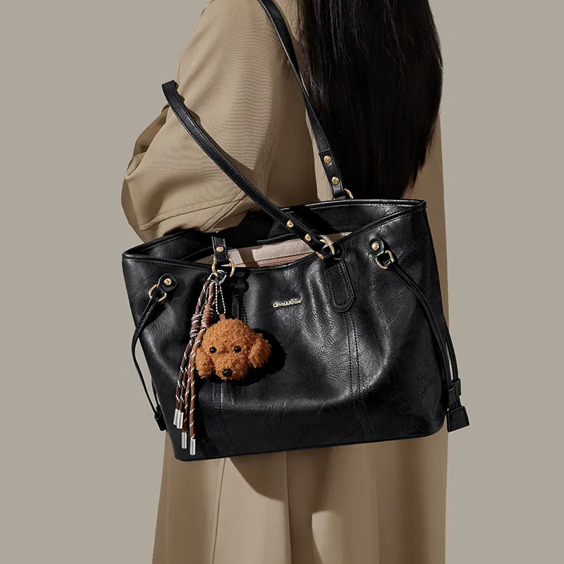 Simvay Clos PU Shoulder Bag Tote Bag Shopping Bag Large Size Women's Coffee/Ecru/Black-14