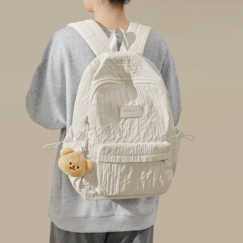 CinvaiKrose Fabric With Synthetic Leather Backpack Large Size Women's Cream White/Milk Tea Beige-2