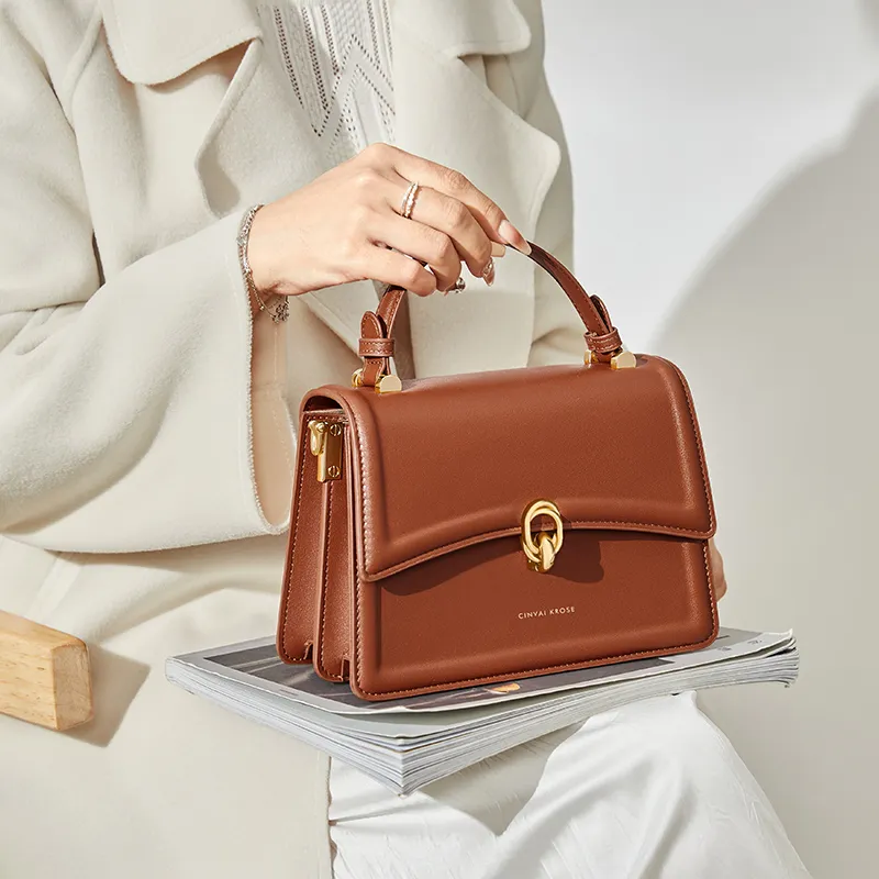 Simvay Clos Cow Leather With Synthetic Leather Shoulder Bag Crossbody Bag Handbags Small Size Women's Brown/Black-3