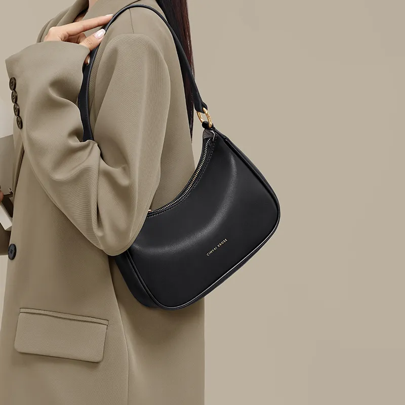 CinvaiKrose Cow Leather With Synthetic Leather Crescent Bag Shoulder Bag Small Size Women's Ecru/Black-8