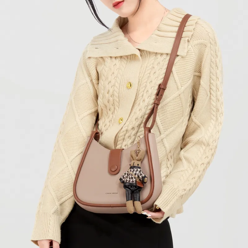 Simvay Clos Cowhide With Microfiber Shoulder Bag Crossbody Bag Crescent Bag Women's Apricot/Brown-7