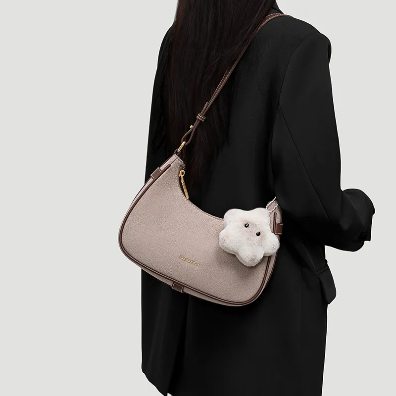 CinvaiKrose Fabric With Synthetic Leather Shoulder Bag Crossbody Bag French Shoulder Bag Small Size Women's Brown-1