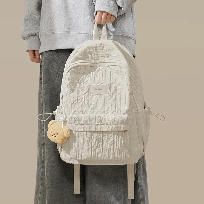 CinvaiKrose Fabric With Synthetic Leather Backpack Large Size Women's Cream White/Milk Tea Beige-1