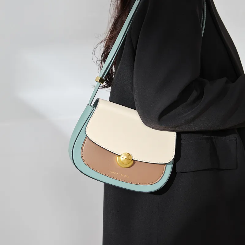 CinvaiKrose Cow Leather With Synthetic Leather Shoulder Bag, Crossbody Bag Small Size Women's Cream Apricot/Green-7