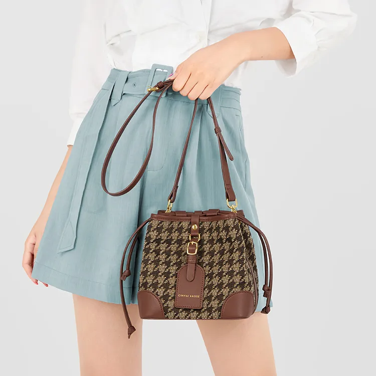 Simvay Clos Fabric With Microfiber Synthetic Leather Bucket Bag, Crossbody Bag, Shoulder Bag Regular Women's Brown-6