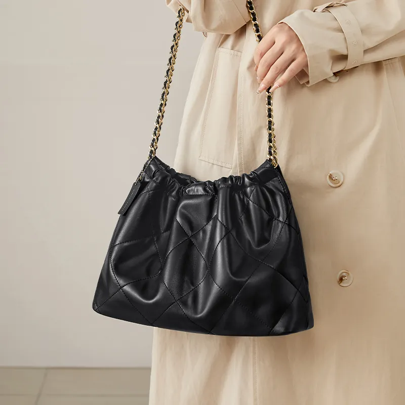 CinvaiKrose Synthetic Leather Underarm Tote Shoulder Bag Trash Bag Hobo Bag Medium Size Women's Black/Ecru-3
