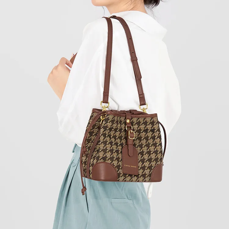 Simvay Clos Fabric With Microfiber Synthetic Leather Bucket Bag, Crossbody Bag, Shoulder Bag Regular Women's Brown-5