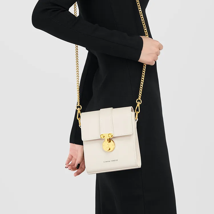 Simvay Clos Cow Leather Shoulder Bag Chain Crossbody Bag Cell Phone Pouch Regular Women's Black & Ecru-8