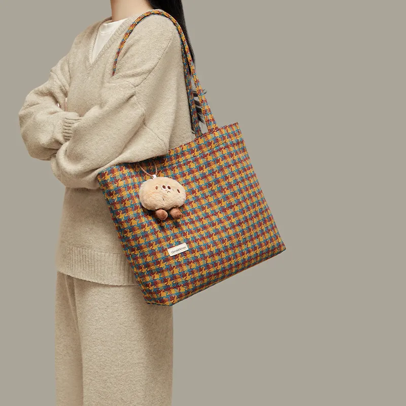 Simvay Clos Fabric Handheld Tote Bag Shopping Bag Shoulder Bag Large Size Women's Houndstooth Yellow-4