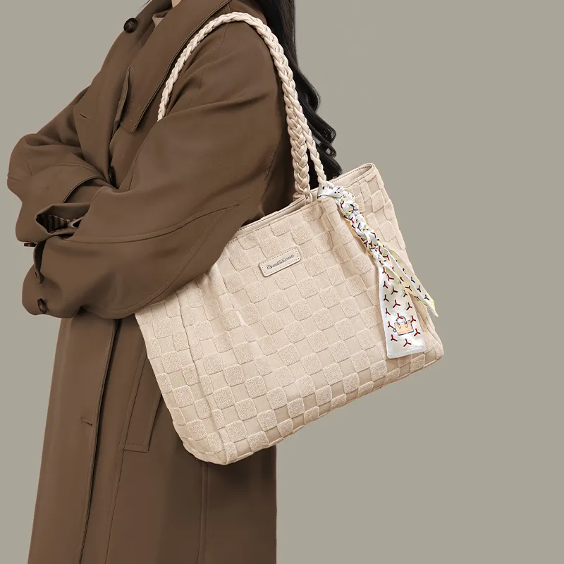 Simvay Clos Fabric With Synthetic Leather Tote Bag Shopping Bag Handbag Shoulder Bag Large Size Women's Beige Apricot-4