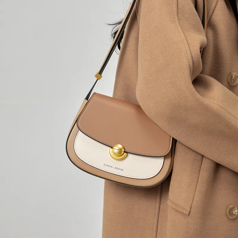 CinvaiKrose Cow Leather With Synthetic Leather Shoulder Bag, Crossbody Bag Small Size Women's Cream Apricot/Green-1