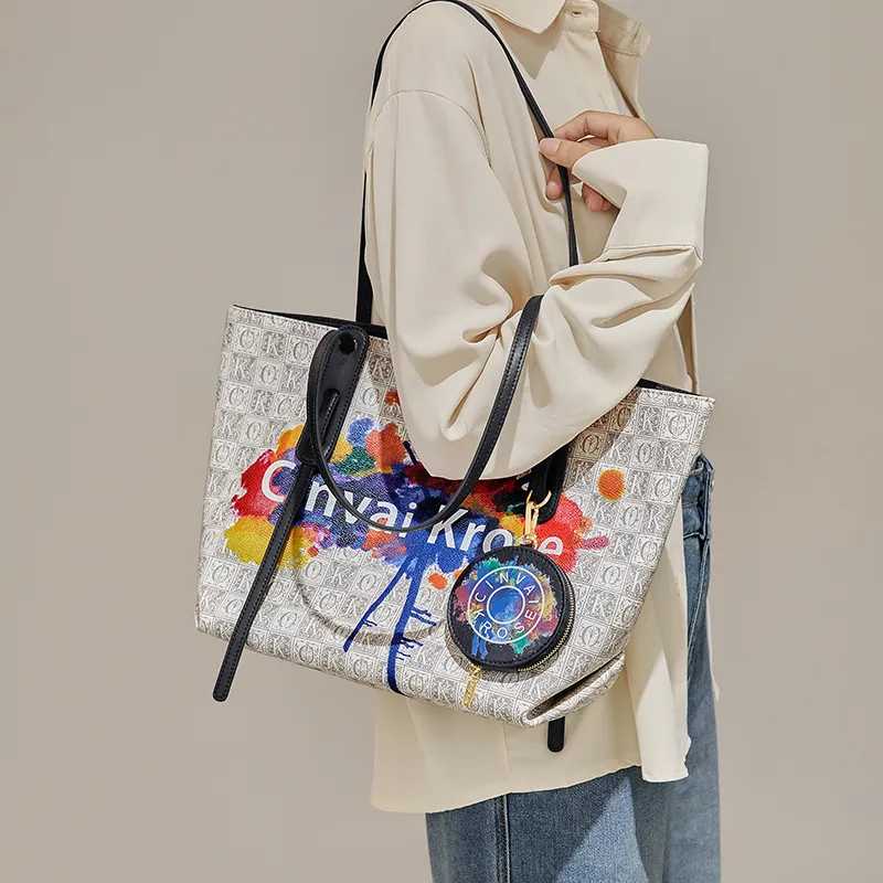 Simvay Clos PVC With Synthetic Leather One Shoulder Shoulder Bag Tote Tote Large Size Women's Gray Plaid Beige White-5