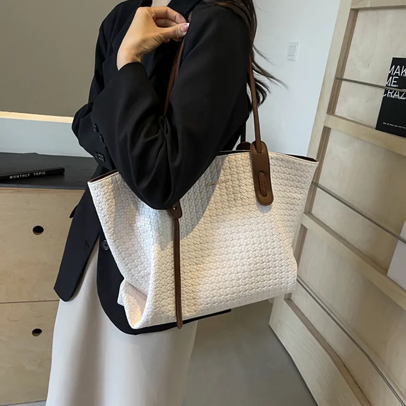 Simvay Clos PVC With Synthetic Leather Tote Bag Shopping Bag Shoulder Bag Large Size Women's Black/Ecru & Brown-14