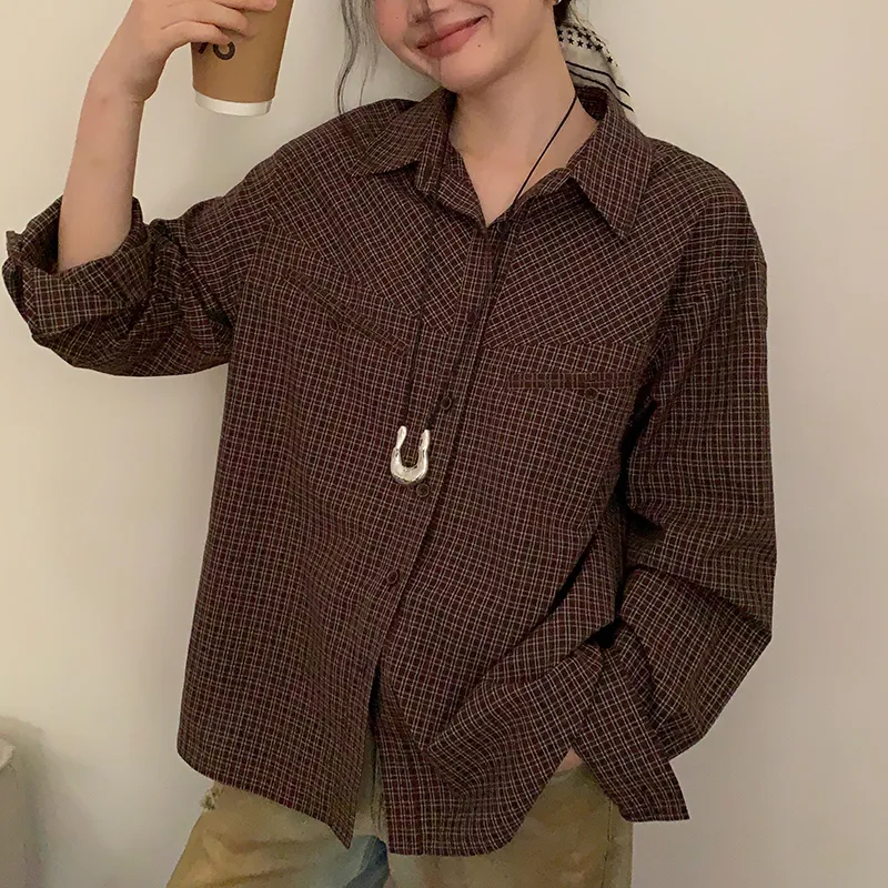 Little Pull Shirt Women's Coffee Plaid-2