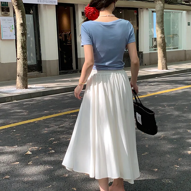 Little Pull Casual Long Skirts Women's White-2