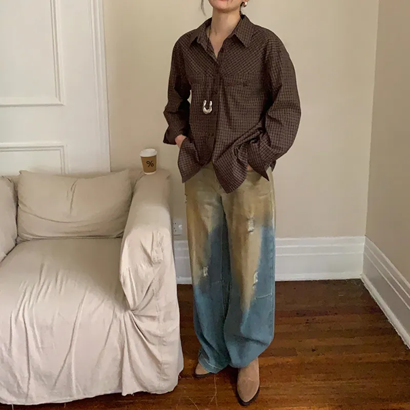 Little Pull Shirt Women's Coffee Plaid-4