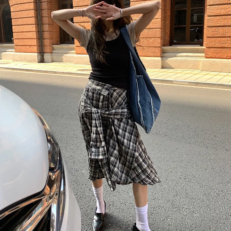 Little Pull Casual Long Skirts Women's Plaid-3