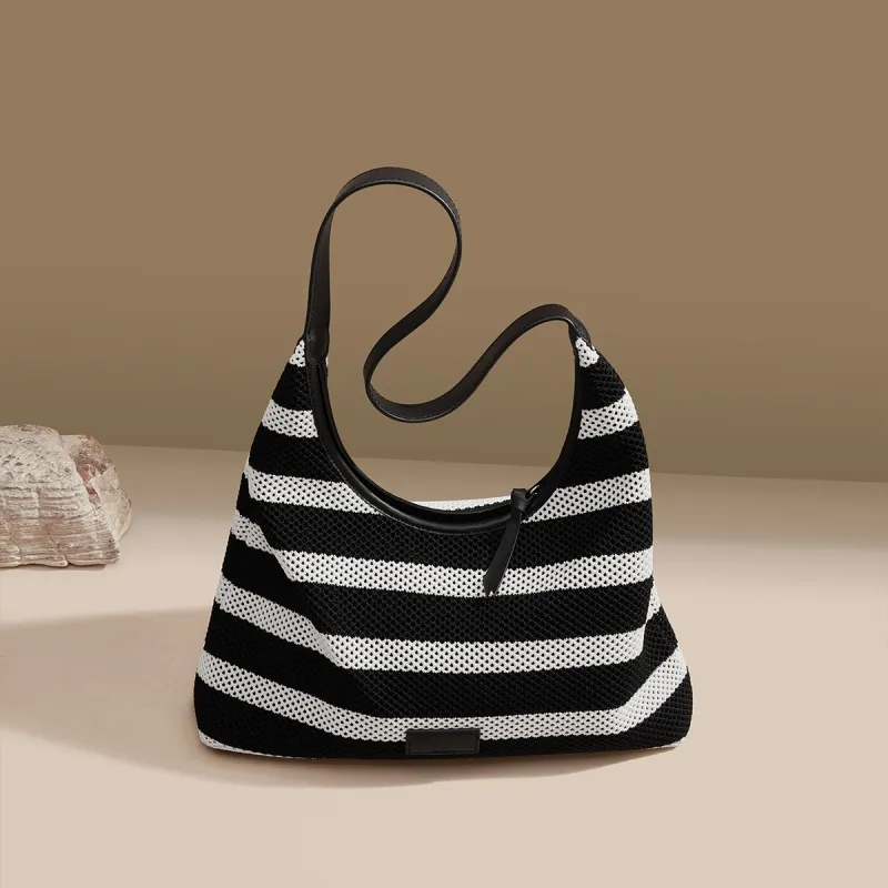 HARSON Fabric One Shoulder Handbag, Tote Bag Women's Black White Stripes-1