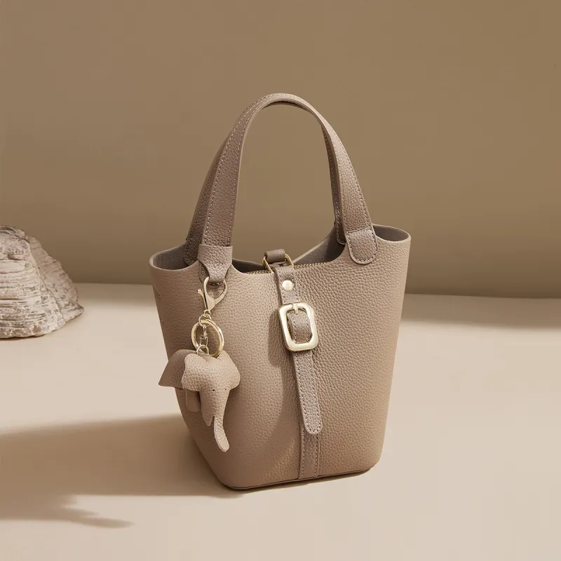 HARSON Top Grain Cow Leather Bucket Bag, Basket Bag, Portable, One Shoulder, Mom Bag Regular Women's Elephant Gray-1