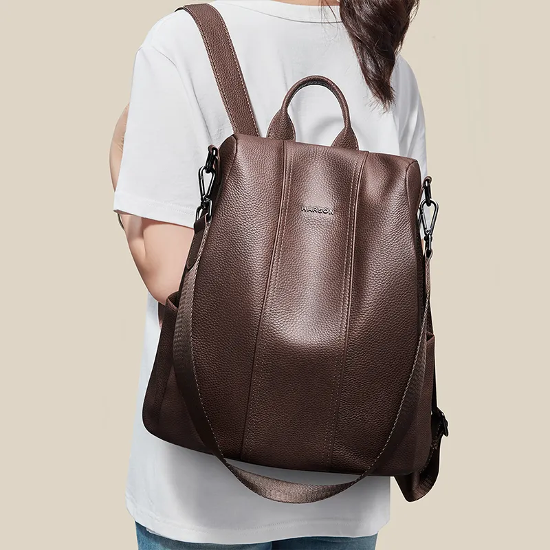 HARSON Top Grain Cow Leather Backpack Large Size Women's Coffee-4
