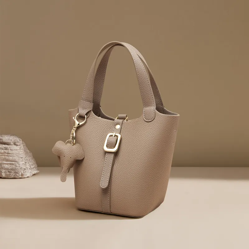 HARSON Top Grain Cow Leather Bucket Bag, Basket Bag, Portable, One Shoulder, Mom Bag Regular Women's Elephant Gray-2