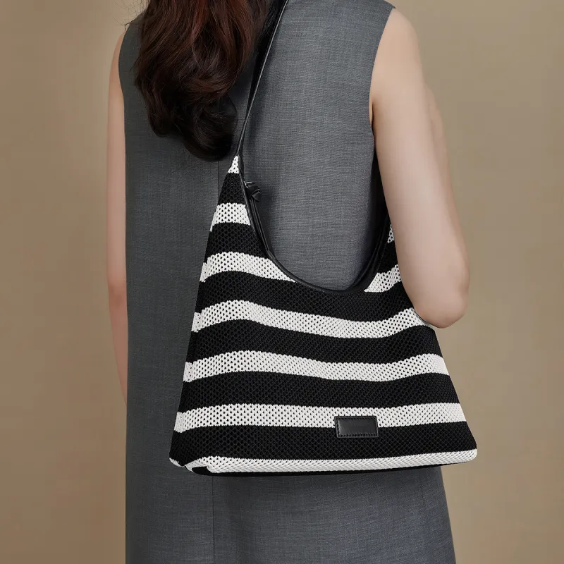 HARSON Fabric One Shoulder Handbag, Tote Bag Women's Black White Stripes-4