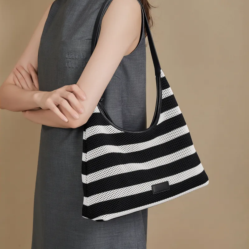 HARSON Fabric One Shoulder Handbag, Tote Bag Women's Black White Stripes-3