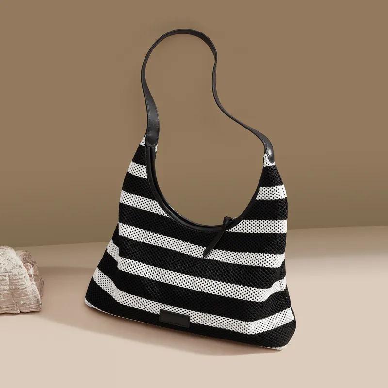 HARSON Fabric One Shoulder Handbag, Tote Bag Women's Black White Stripes-2