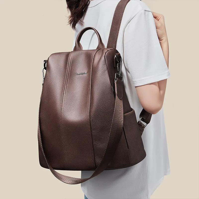HARSON Top Grain Cow Leather Backpack Large Size Women's Coffee-2