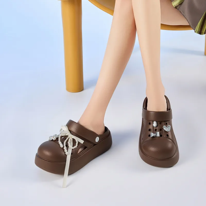 JOSINY Summer Outerwear Trendy Fashion Slip on, Outdoor Beach Shoes Closed Toe Mules, Clogs Women's Brown-5