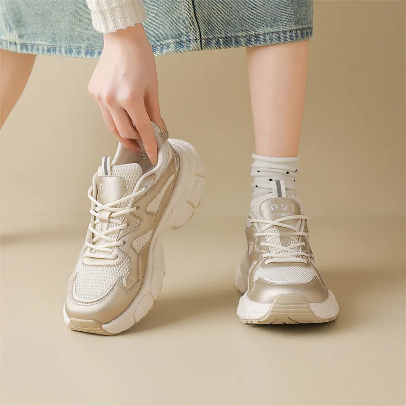 JOSINY Chunky Sneakers Women's Low Top Beige Gray/Champagne Gold-3