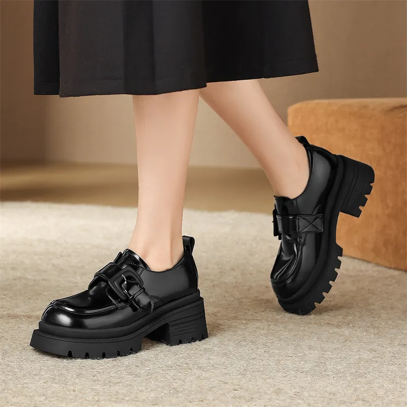JOSINY British Style Versatile Fleece-Lined Warm Deep Mouth Unlined Shoes Loafers Heel Height 6.7cm Women's Black-4