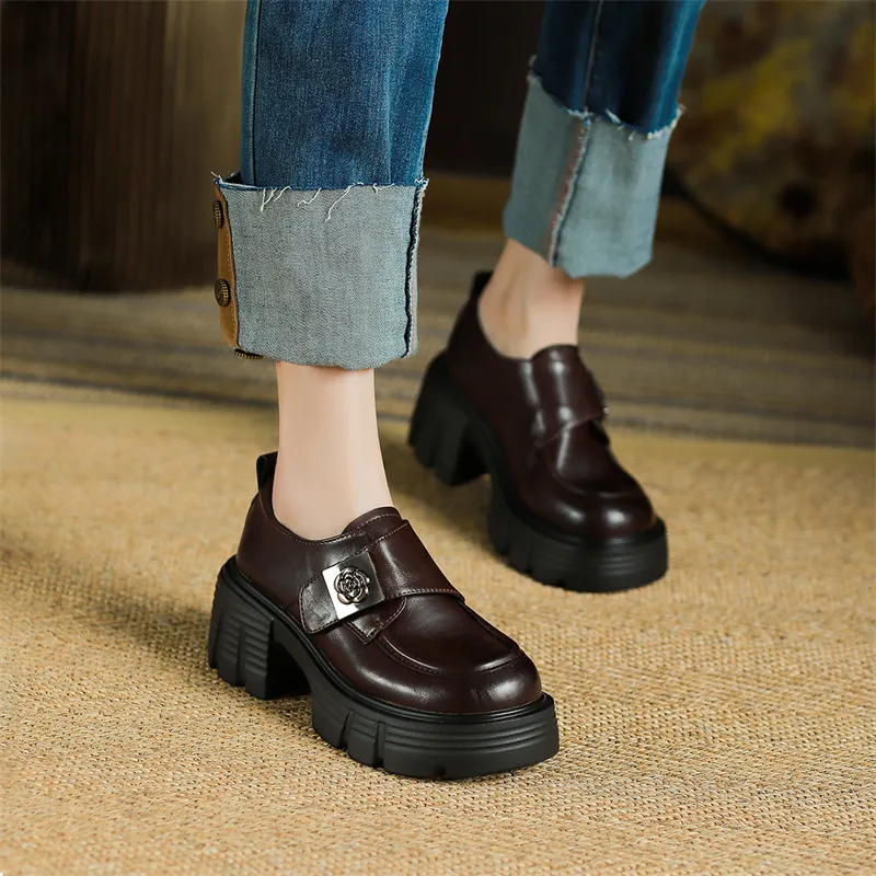 JOSINY Vintage Small Leather Shoes Fashion Versatile Loafers Heel Height 7m Women's Brown-5