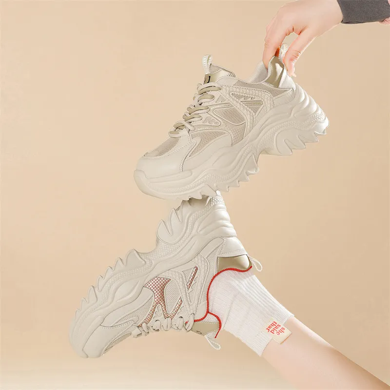 JOSINY Chunky Sneakers Women's Low Top Beige Khaki/Beige Red-10